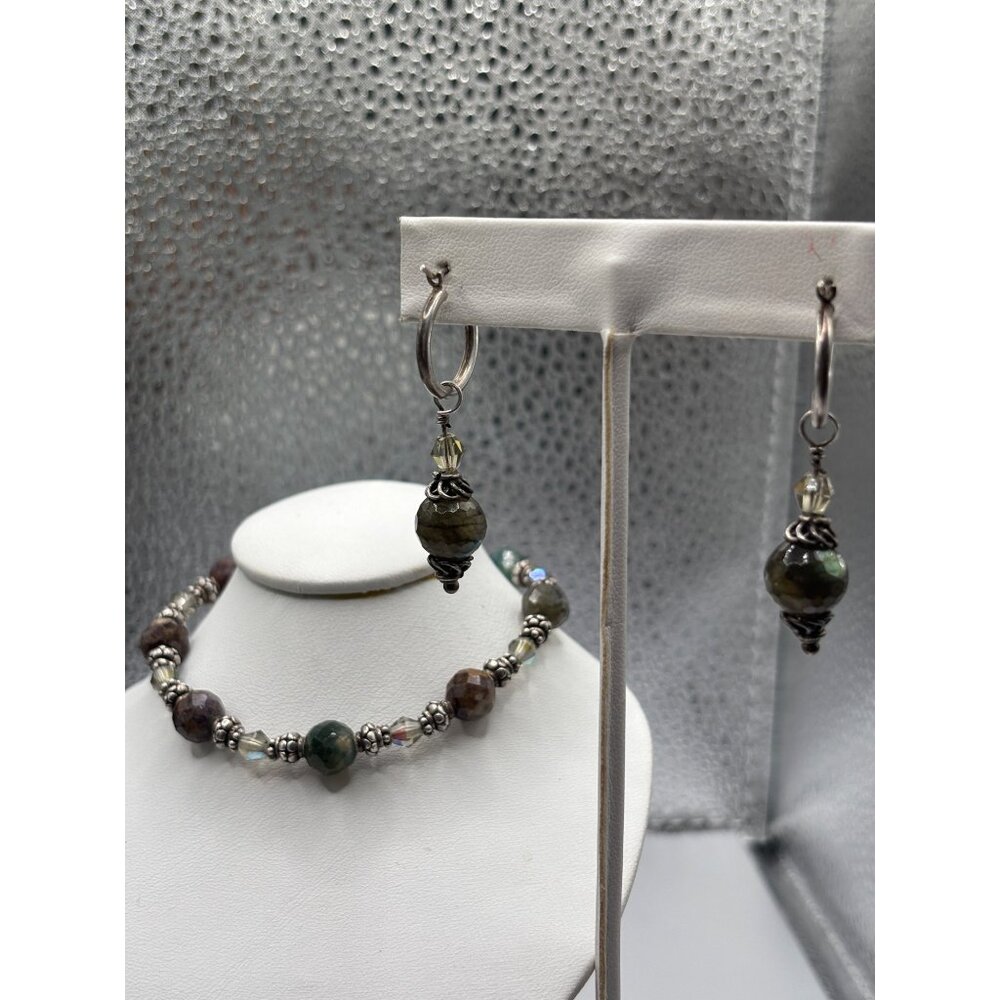 Sterling Silver Bracelet & Earrings Set W/ Semi-Precious Gemstones & AB Beads